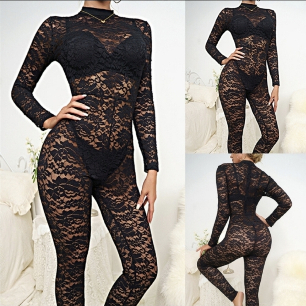 One Clothing Black Lace Jumpsuit with Mock Neck
